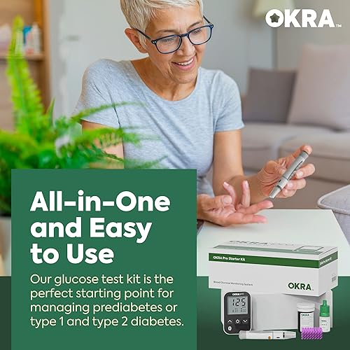 Miniatura 2 de Okra Kit de monitor de glucosa profesional - Se sincroniza con la aplicación gratuita - Medidor, tiras de prueba, lancetas, dispositivo de punción,