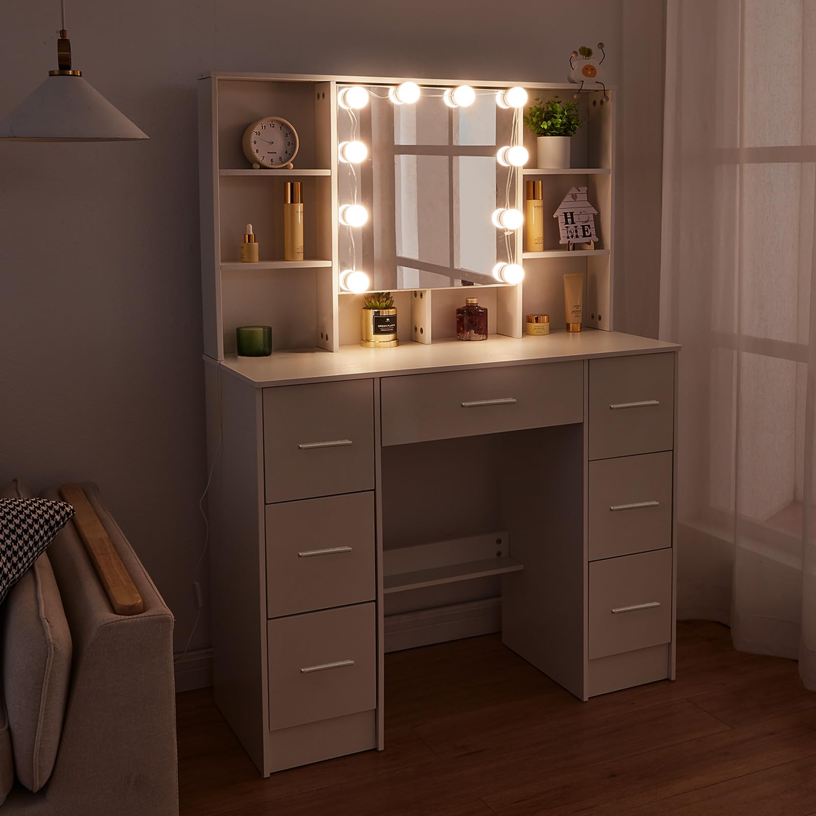 Aovquof Make-uptafel met ledverlichting, instelbare helderheid, kaptafel met grote spiegel, kaptafel met 3 laden, commode slaapkamer wit (140x100x40 cm