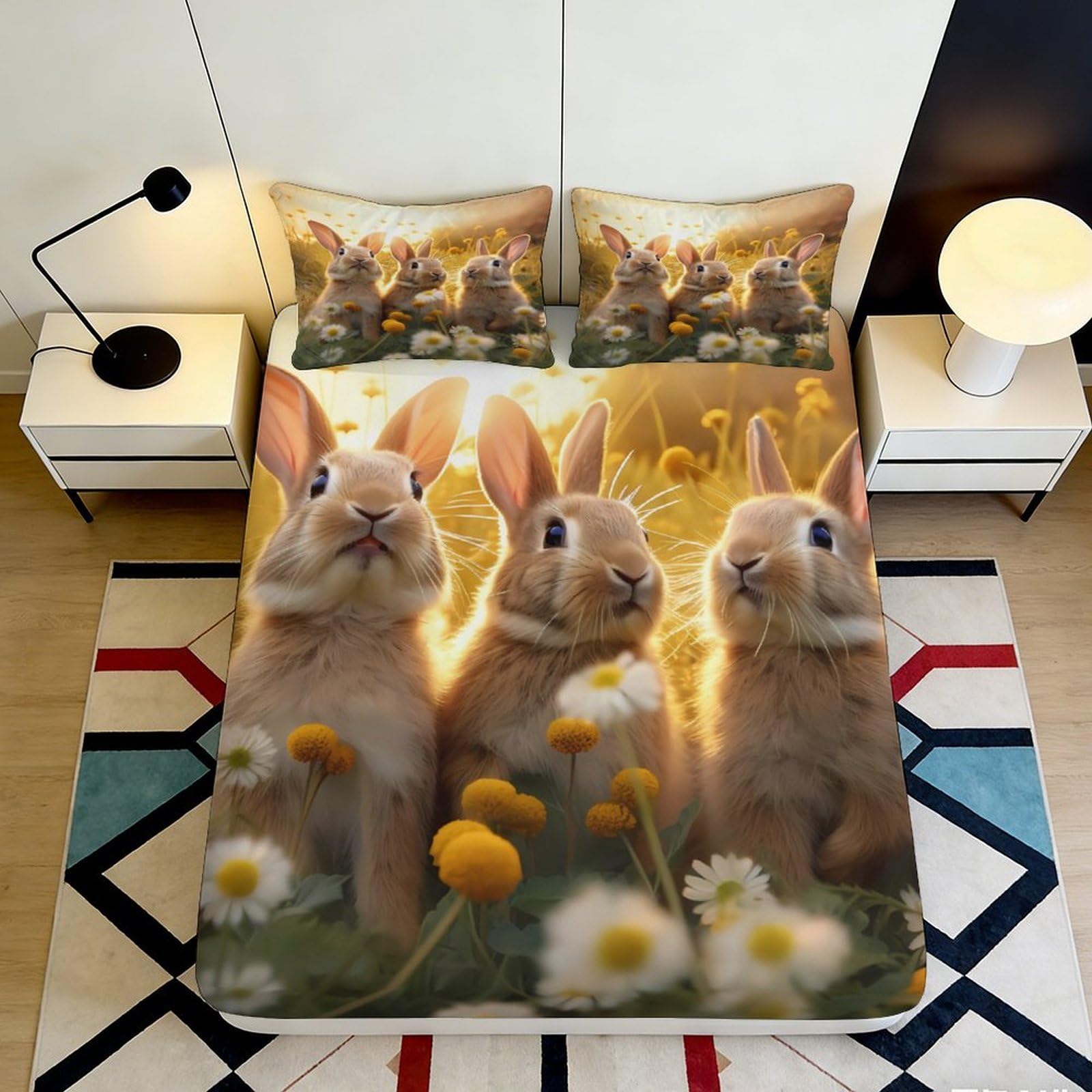 Pnayamiorkfel Style-2 3D Printed Cute Bunny Fitted Sheet Microfiber Soft Yellow Floral Rabbit Bed Cover For Bedroom Guest Room Decor 90X200x25cm