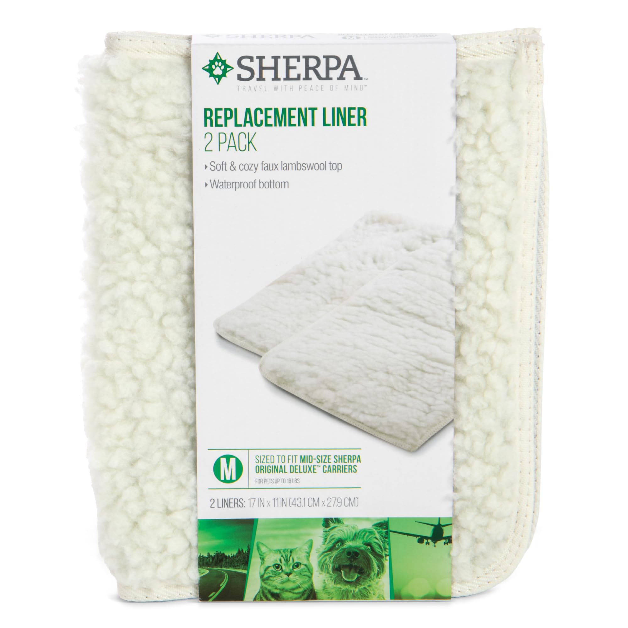 Sherpa Replacement Liners for Travel Pet Carriers - Soft Absorbent Cat & Dog Kennel Pad with Waterproof Backing, Machine Washable Crate Pads, 16.5x11.25in - 2 Pack, White, Medium