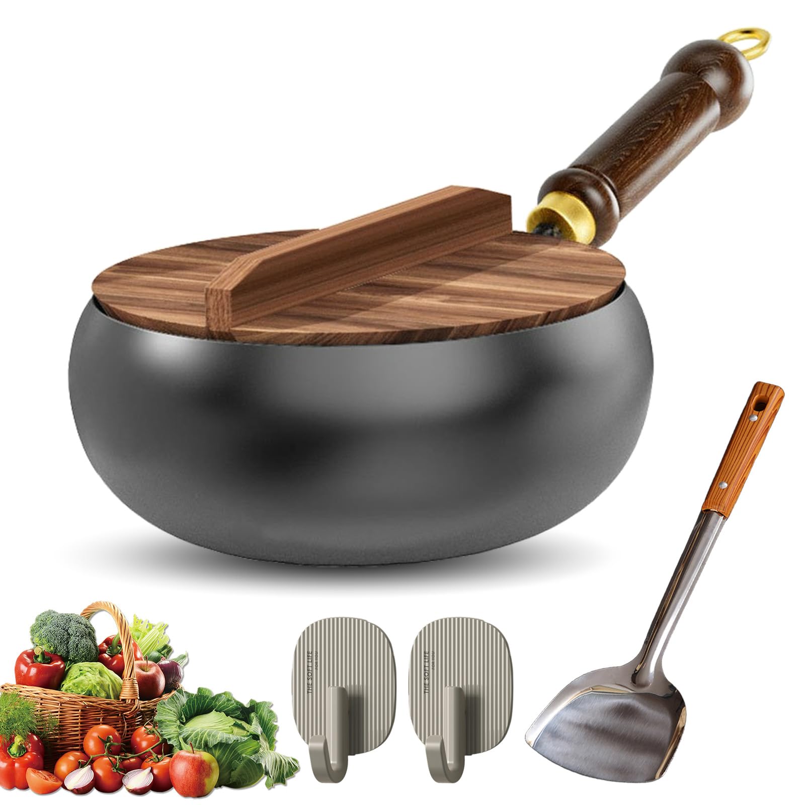 Japanische Eisenpfanne, Eisenpfanne Ohne Beschichtung, 24/26/28cm Biennll Eisenpfanne, Japanische Eisenpfanne Mit Holzdeckel füR Gasherd Und Induktionsherd (28cm)
