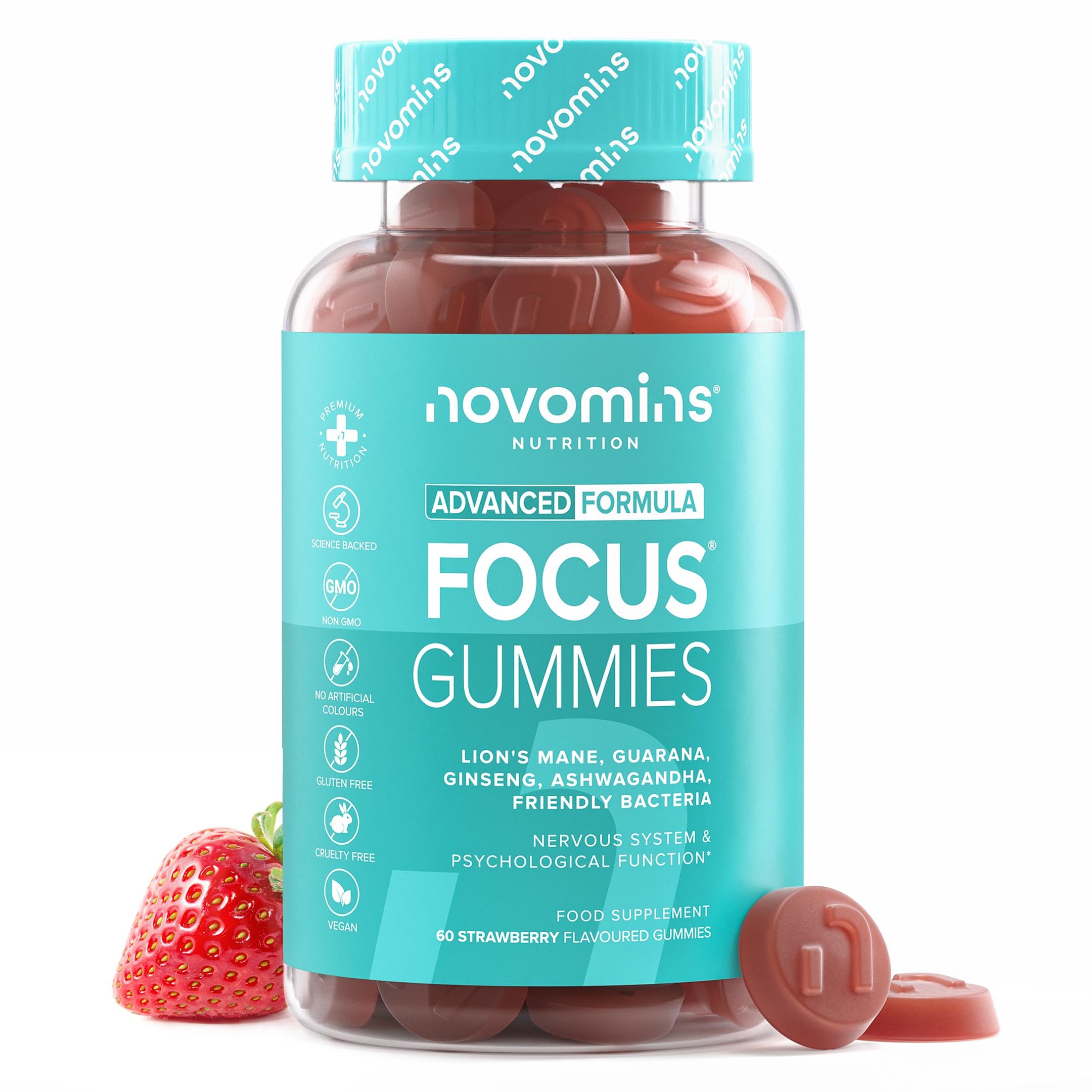Focus Gummies - Ashwagandha, Lions Mane, Gingko Biloba, Vitamin B12 & Caffeine - 1-Month Supply - Focus, Memory & Energy Support - Gluten-Free Nootropics & Mushrooms - 60 Gummies - Novomins