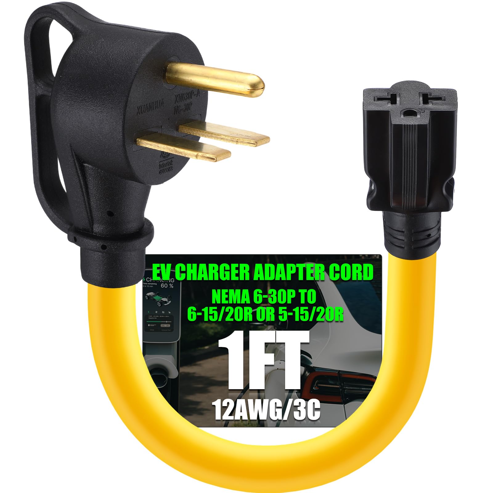 Photo 1 of Mootycapa NEMA 6-30P to 6-20/15R or 5-20/15R EV Adapter Cord, 30 Amp 3 Prong 240V to 20/15 Amp 3 Prong 240V 6-20/15R or 5-20/15R T Blade for EV Charger Welder Heater, 12 AWG, 1ft