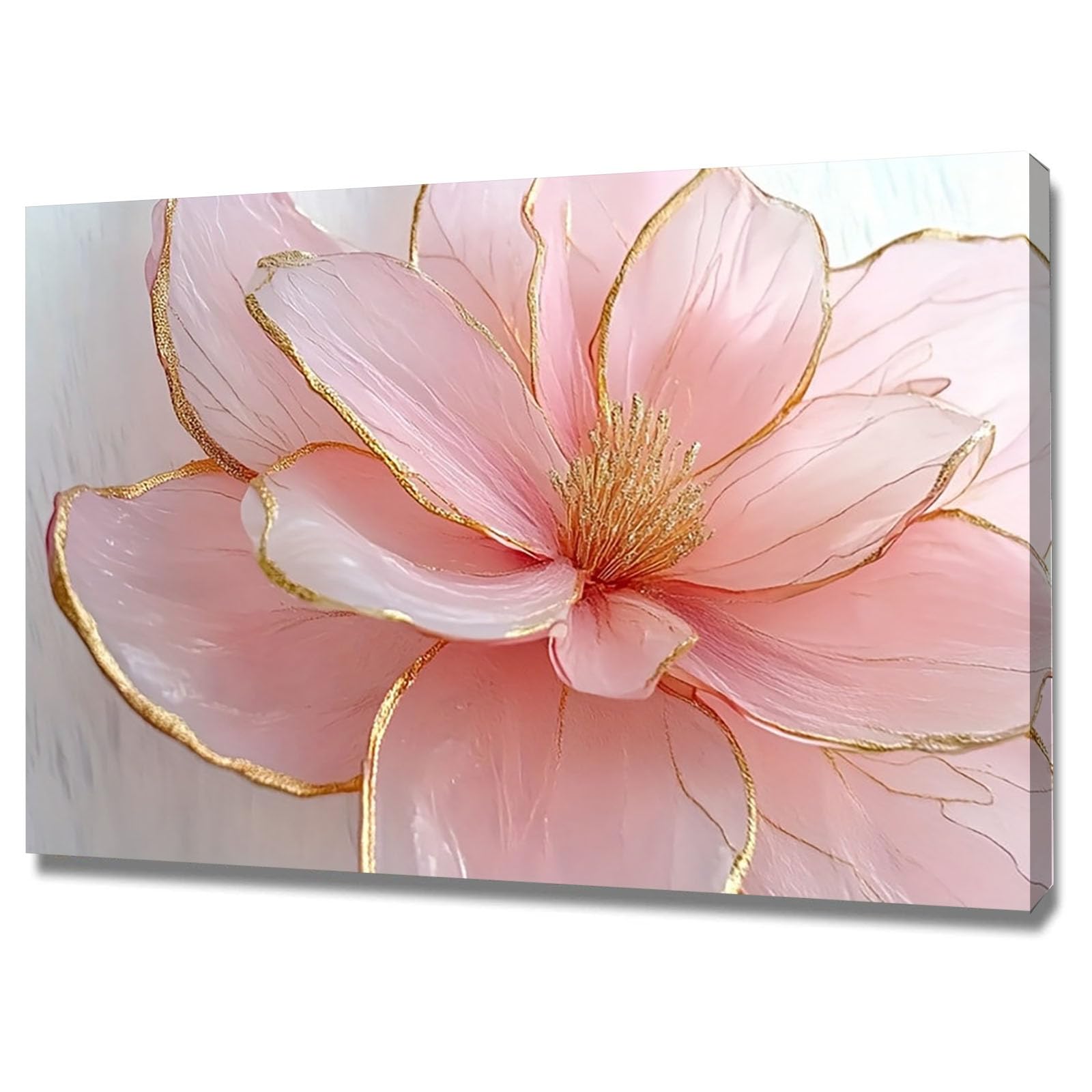 TERUEA Cuadros Decoracion Salon yoga femenino Lienzos decorativos Flor Rosa Suave Borde Oro para dormitorio, baño,（Pink-80x120cm1 Enmarcado