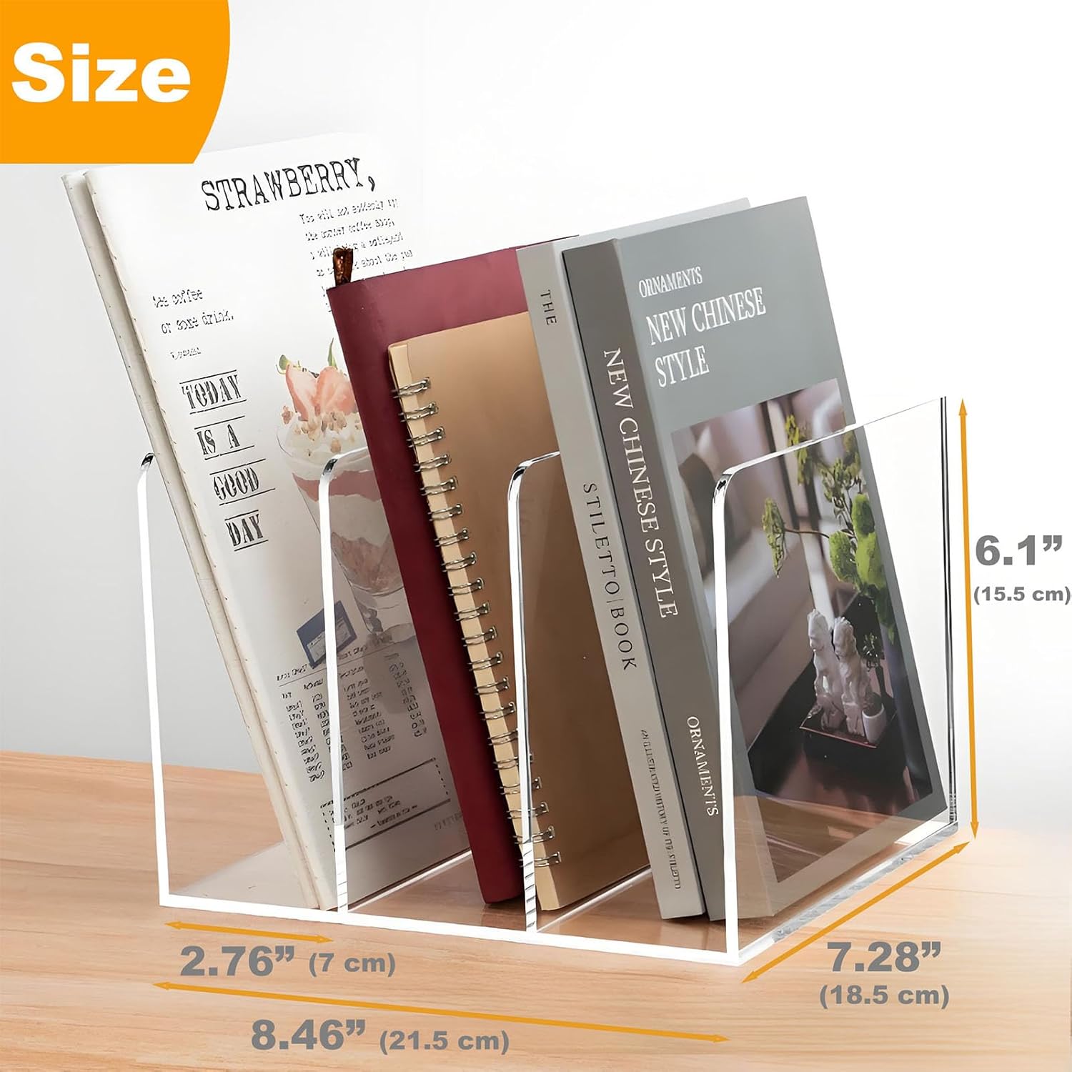 SEANADO Clear Acrylic Magazine File Holder with 3 Vertical Compartments Desk Organizer Book Rack for Home Office Desk Sorter Paper Folder Stand Bookshelf