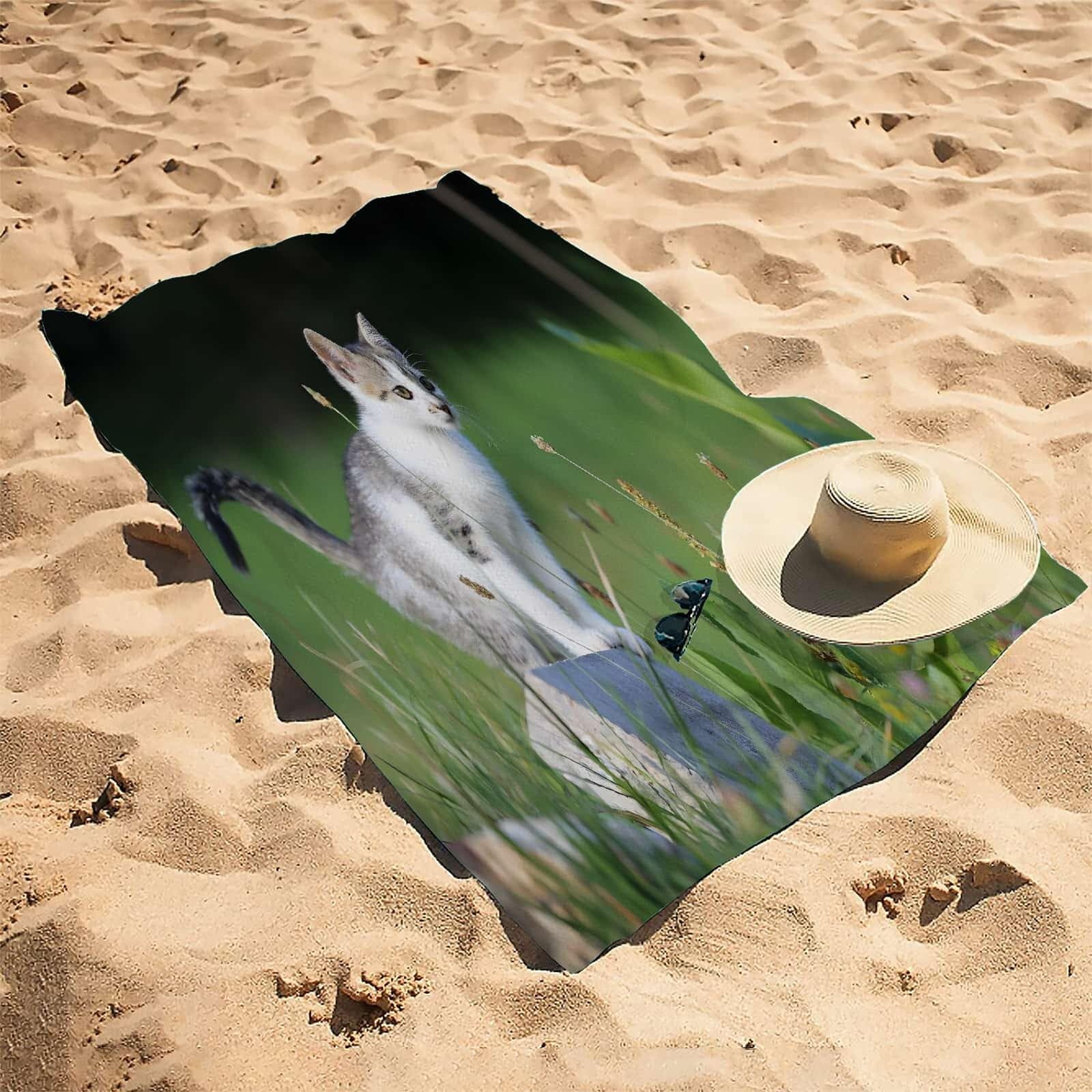 Ręcznik plażowy dla dorosłych uroczy kot eksplorujący duży ręcznik plażowy z mikrofibry do podróży, pływania, biwakowania, miękki, szybkoschnący, wolny od piasku, chłonny, ręcznik na siłownię