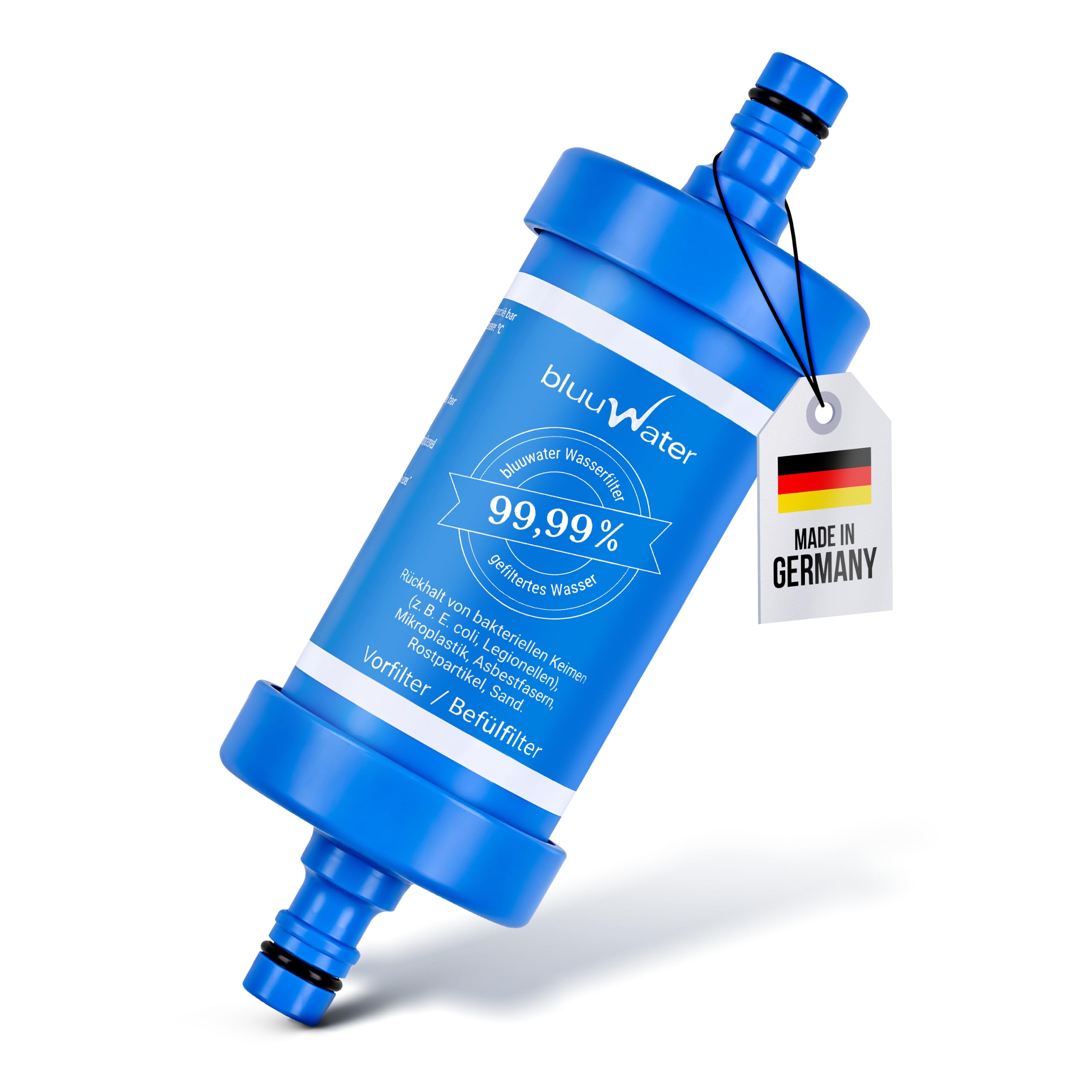 Befüll-Filter BF08 - Camping Wasserfilter für Wohnwagen & mehr | Filtert 99,99% der Bakterien, Keime, Kalk, etc. - Bis zu 6.000 Liter - Kompatibel mit GEKA® & GARDENA® - Laborgeprüft