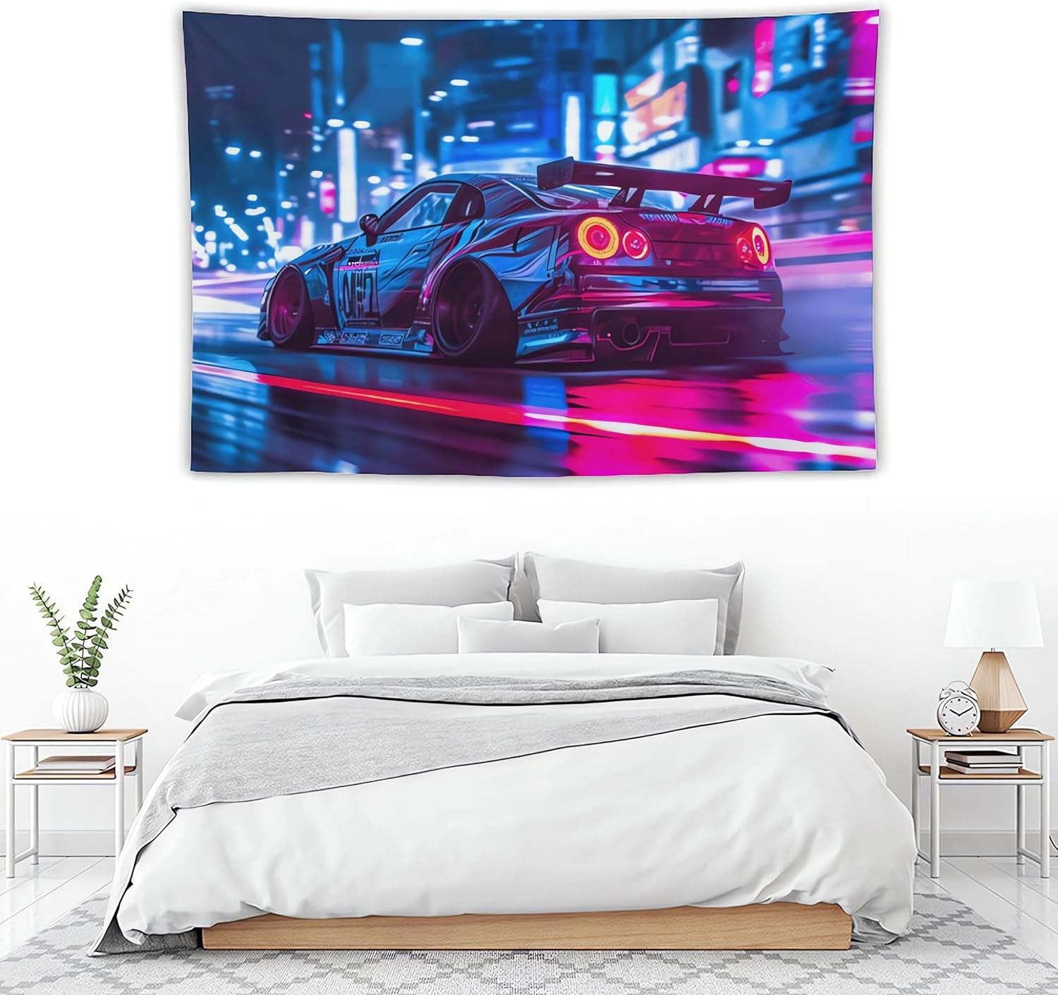 ANMOGID R35 Car Tapestry for Men Teen Boys, Neon Sports Car Tapestries City Night Wall Hanging Aesthetic Decoration for Bedroom Living Room Dorm Rainy Night Light Track Wall Art Decor 90"x59"