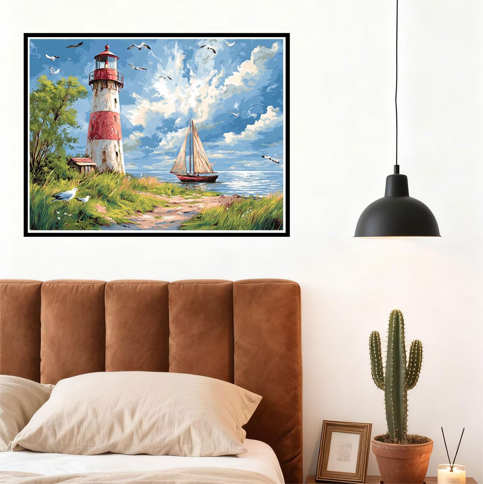 Peinture Numero Adulte Phare Coloriage par Numero Adulte Mer DIY Paint by Numbers, avec Pinceaux Peinture Loisir Creatif Enfant Numéro D'art Cadeau Femme, Pour Decoration Maison Murale 60x80cm H - 509