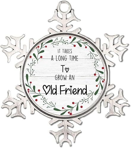 Adorno de copo de nieve de metal con texto en inglés It Takes a Long Time to Grow an Old Friend, regalo de agradecimiento para compañeros de