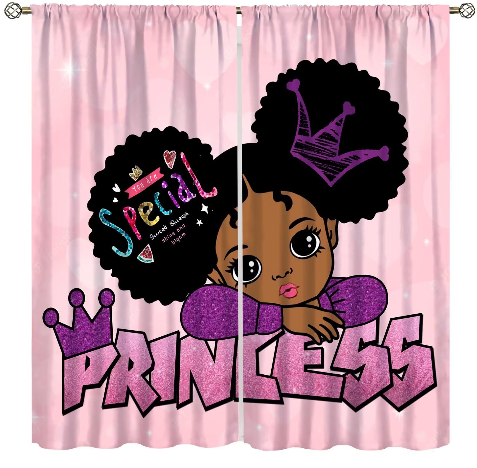 African Black Girl Kids Curtains,Princess Black Girl Window Treatments for Bedroom, Cute Girl Ballerina Dancer Pink Curtains 2 Panel Sets,42x45 Inch Decor