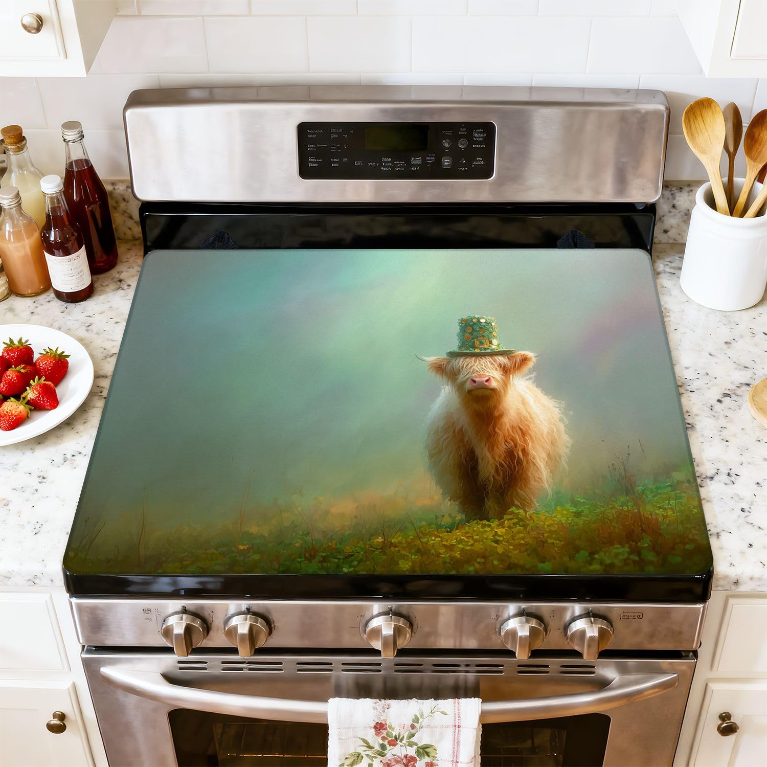 Stove Top Cover for Electric Stove Lucky Highland Cow Green Top Hat Gold Coins Clover Field Heat Resistant Glass Cooktop Protector Flat Top Oven Cover Mat Prevent Scratching 28" x 20"