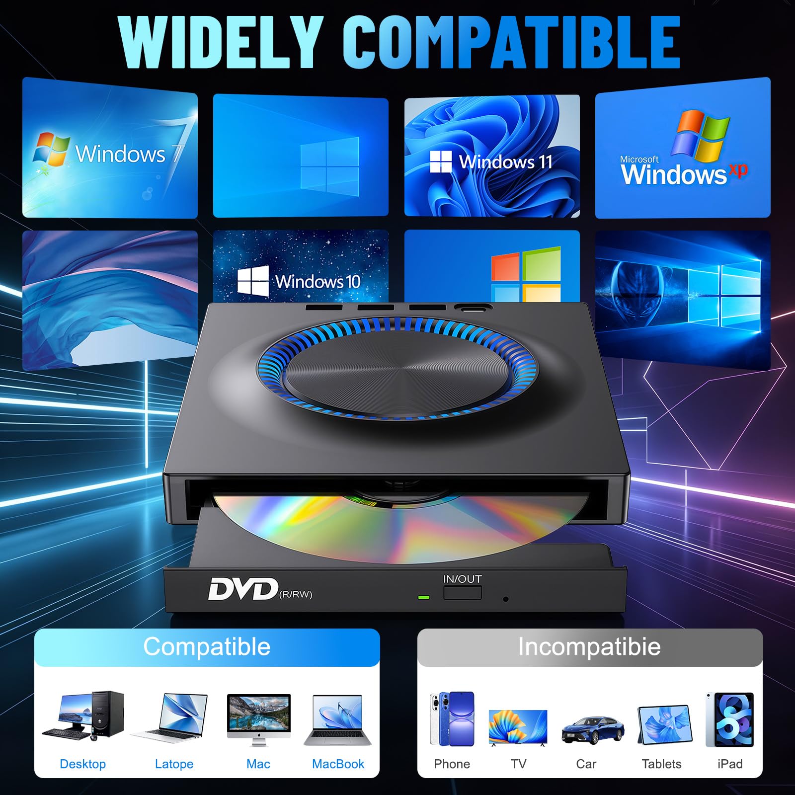 Lecteur Blu-ray externe, graveur Blu-ray 7 en 1, graveur de DVD/CD avec lumière ambiante RVB, lecteur Blu-ray portable ultra fin avec port SD