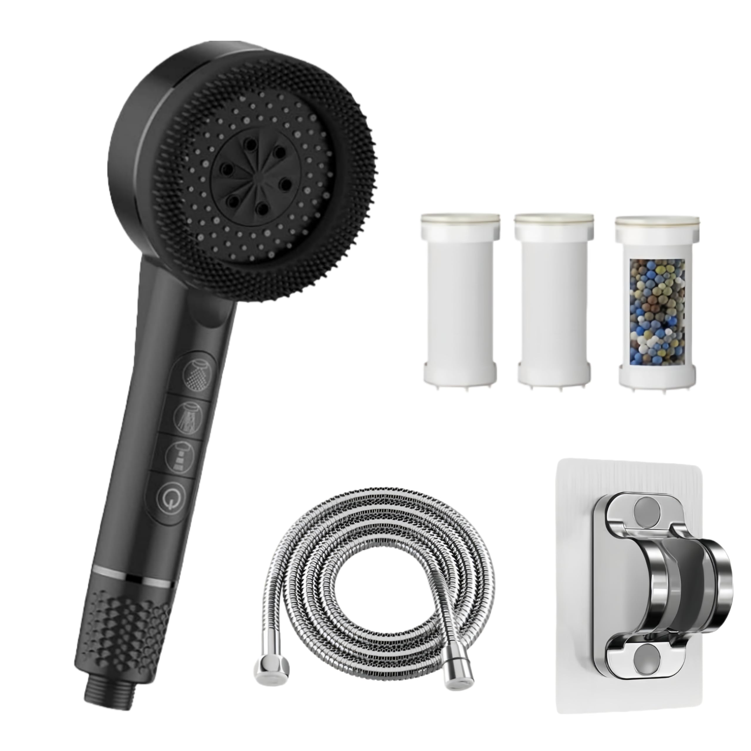 Ducha de alta presión con filtro,Incluye manguera de1,5metros y soporte,4 modos,Alcachofa de ducha economizadora con filtro y botón de OFF/ON,Ideal para Aguas Duras y Limpieza del Baño,Negro