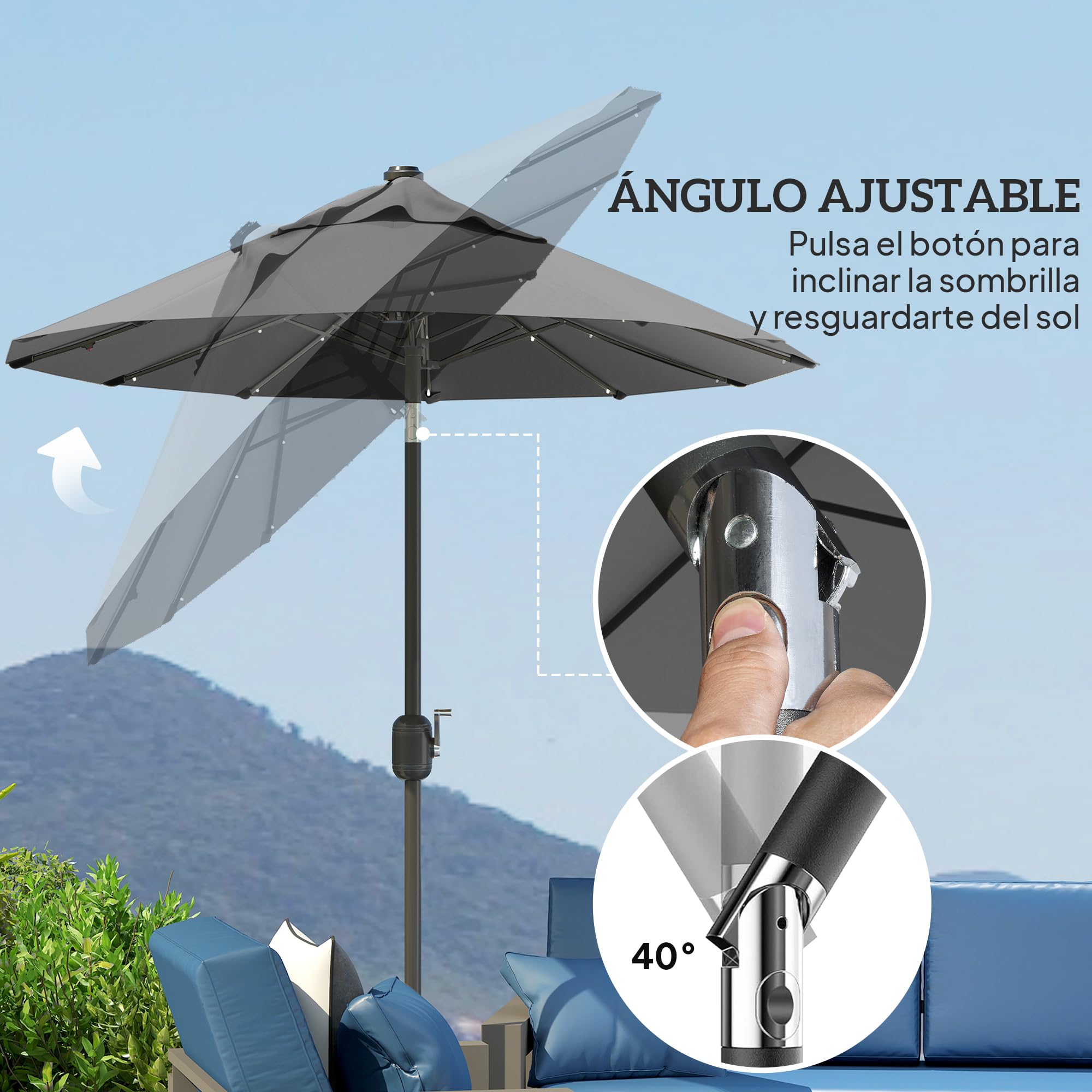 Outsunny Sombrilla Doble con Luces LED Solares Techo 295x150x219 cm Gris | Sombrilla de Jardín, Inclinación Ajustable, Manivela Manual, para Patio Piscina Playa
