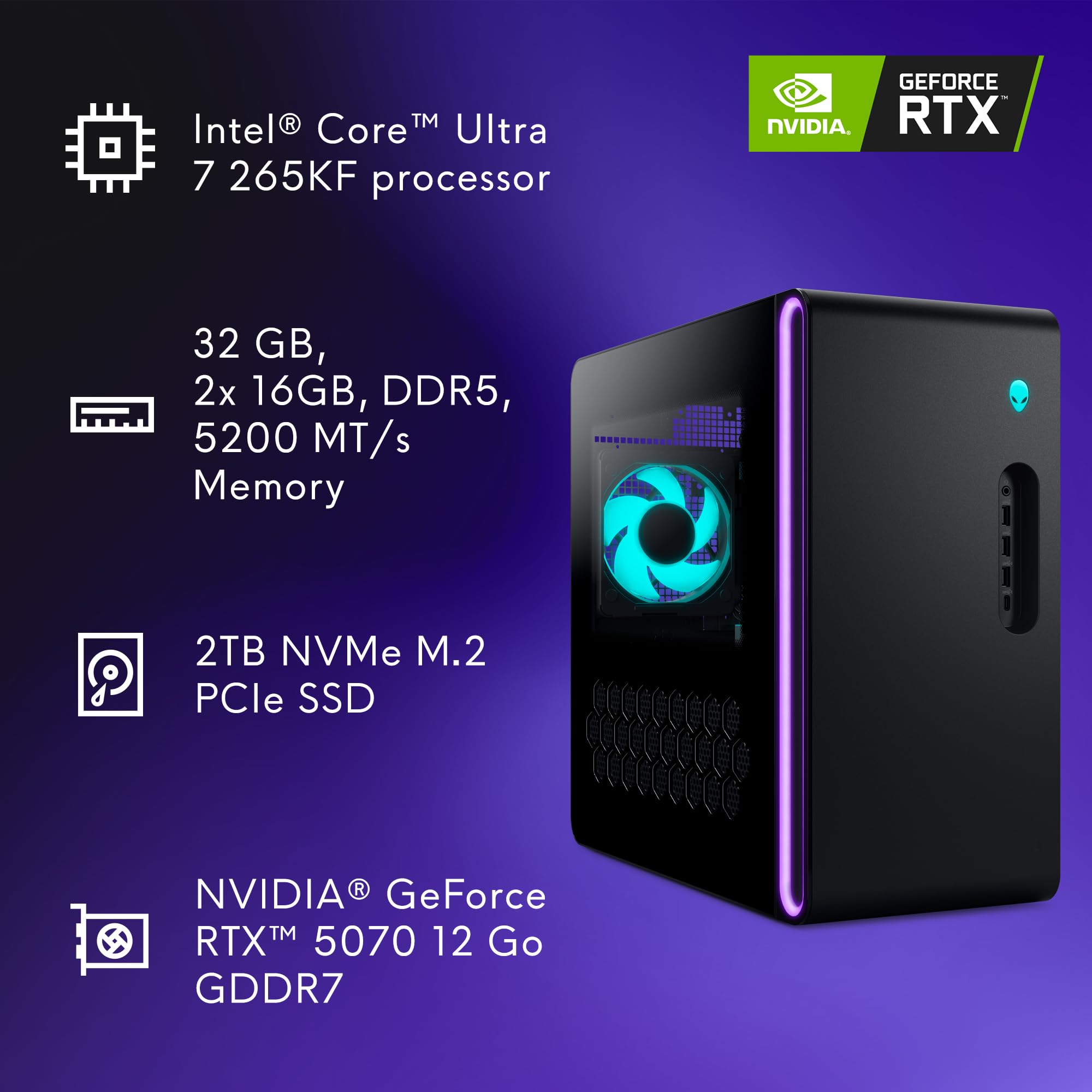 Alienware Aurora Gaming Desktop ACT1250 - Intel Core Ultra 7 265KF Processor, Liquid Cooled, NVIDIA GeForce RTX 5070, 32GB DDR5 RAM, 2TB SSD, 1000W Platinum Rated PSU, Win 11 Home - Clear Panel