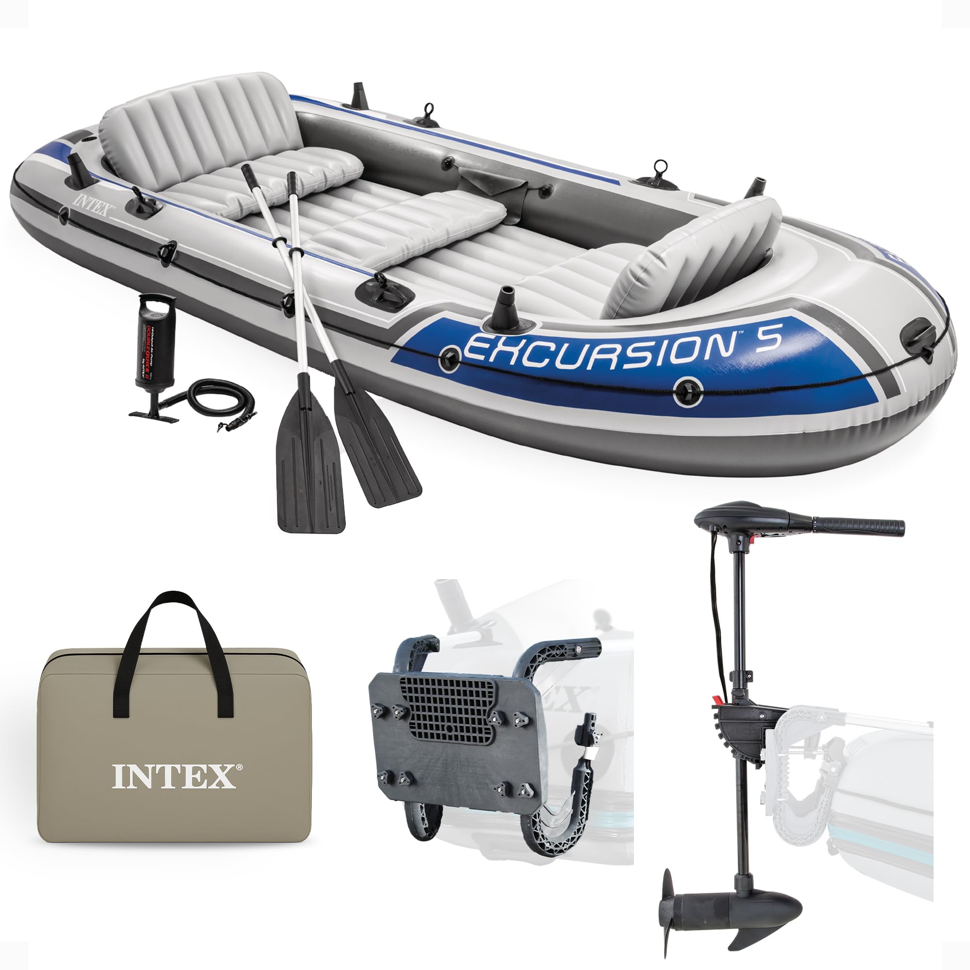 Intex Excursion 5 Person Inflatable Boat Set with 2 Aluminum Oars and Pump, Intex 12V Transom Mount Boat Trolling, and Motor Mount Kit