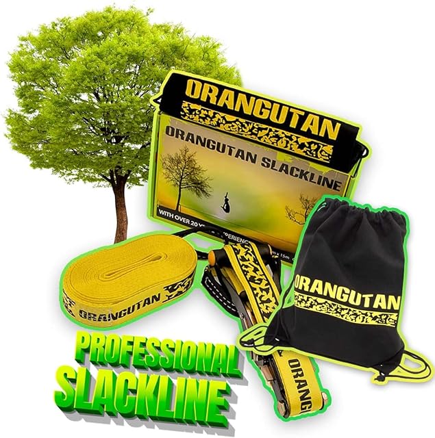 ORANGUTAN - Sport & Fitness Tightrope SLACKLINE Kit - 15 mm - 50 mm - Garden Play Equipment, Suitable for Beginners & Experienced slackliners, Perfect for Kids, Adults, Home & Outdoor Fun - Easy Setup
