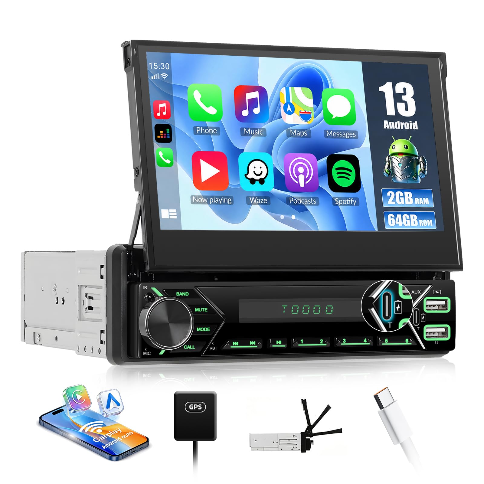 SIXWIN 2+64G Android 13 1 DIN Radio con Pantalla, 7 Pulgadas Radio Coche Pantalla Extraible Manual con Carplay/Android Auto/WiFi/GPS/Bluetooth/Mandos Volantes/FM/RDS/USB/Type-C/Aux
