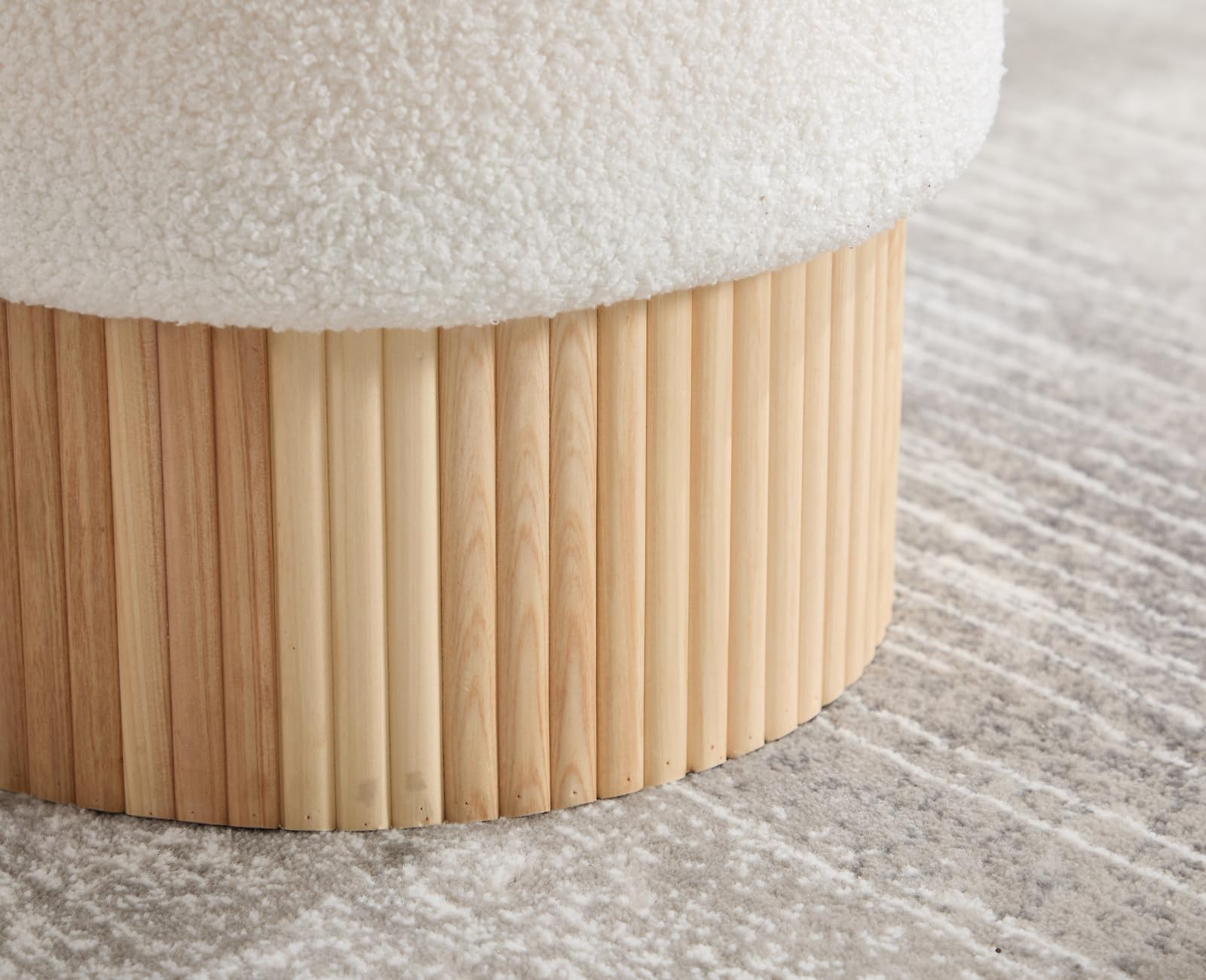 Pouf Contenitore Puff in Pelliccia per Camera da Letto, Bianco | Cassapanca Contenitore Rotonda, Pouf Poggiapiedi Imbottita, Sgabello Contenitore in Legno per Soggiorno/Trucco/Salotto