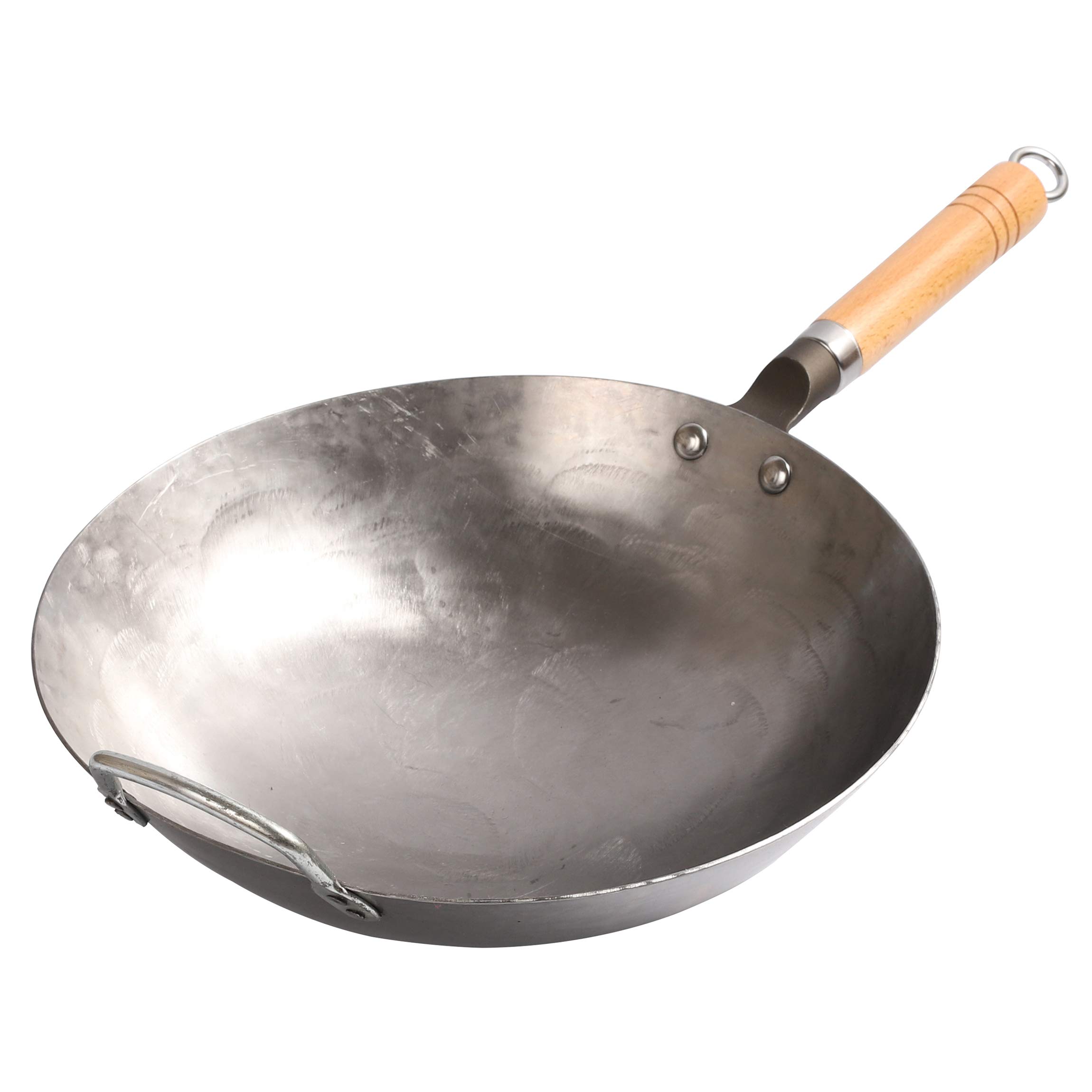 Traditional Carbon Steel Wok, Hand Hammered Wok Pan with Wooden and Steel Helper Handle, Chinese Woks and Stir Fry Pans (Classic pattern-14")