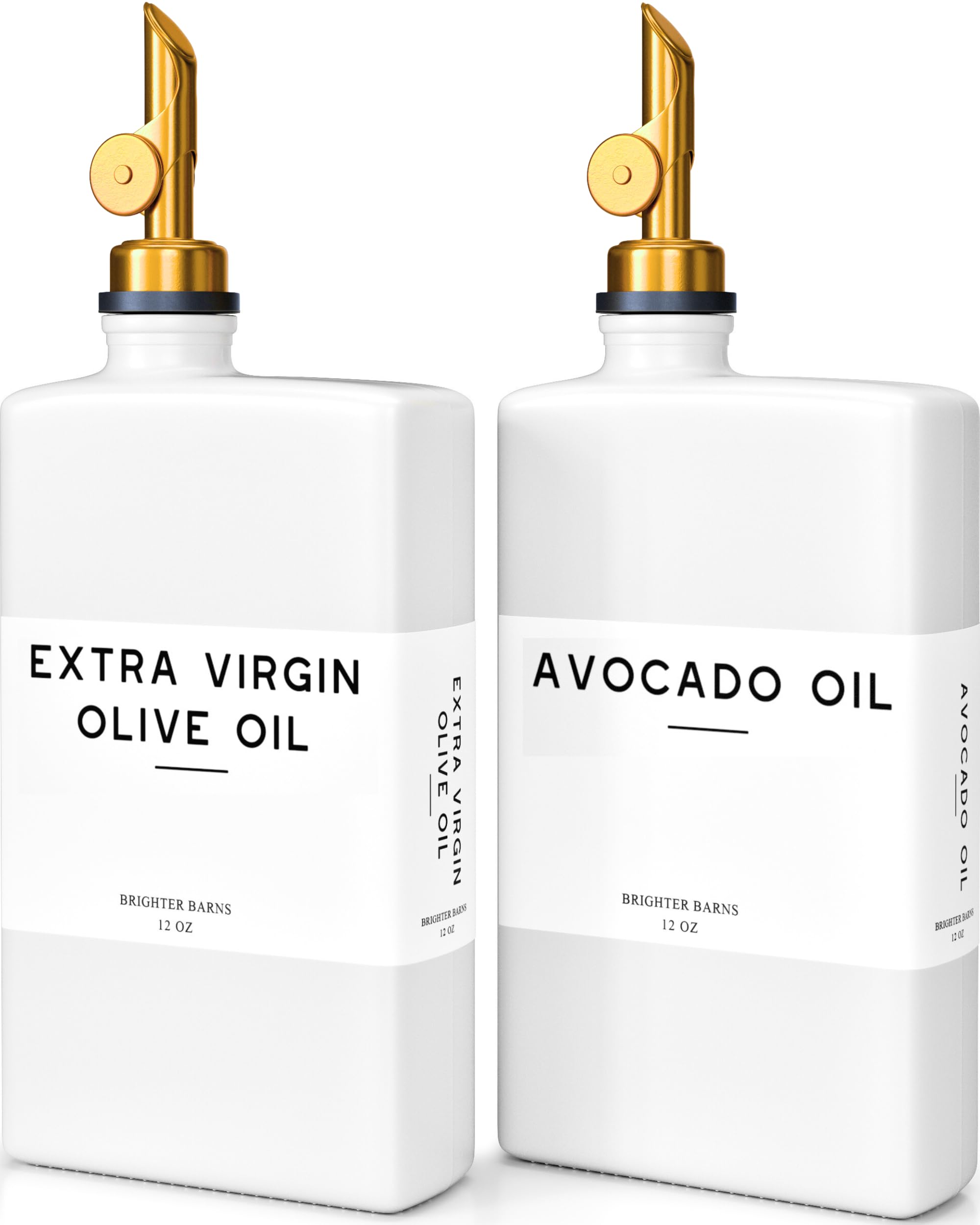 White Glass Olive Oil Dispenser Bottle for Kitchen by Brighter Barns - Avocado Oil Dispenser Set, Vanilla Syrup Bottle - Modern Decor, Gold Kitchen Accessories for Airbnb, Cafe (White/Gold, Set of 2)