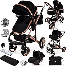 Baby Buggy Pram Pushchair Stroller 3 in 1 Child Lightweight Folding Stroller 3 in 1 Travel System Pram for Newborns & Toddlers 0-36 Months from Birth Aluminum (Black - Rose Gold Frame)