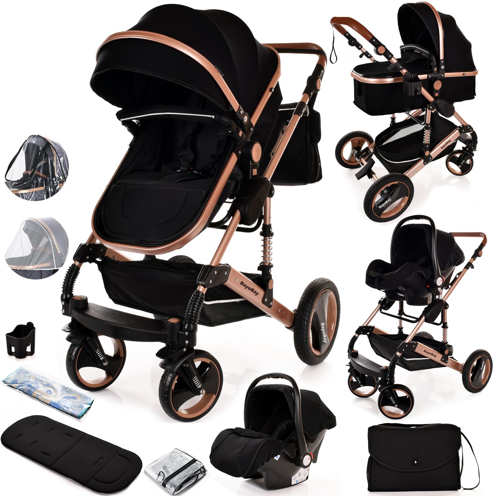 Baby Buggy Pram Pushchair Stroller 3 in 1 Child Lightweight Folding Stroller 3 in 1 Travel System Pram for Newborns & Toddlers from Birth Aluminum (Black - Rose Gold Frame)