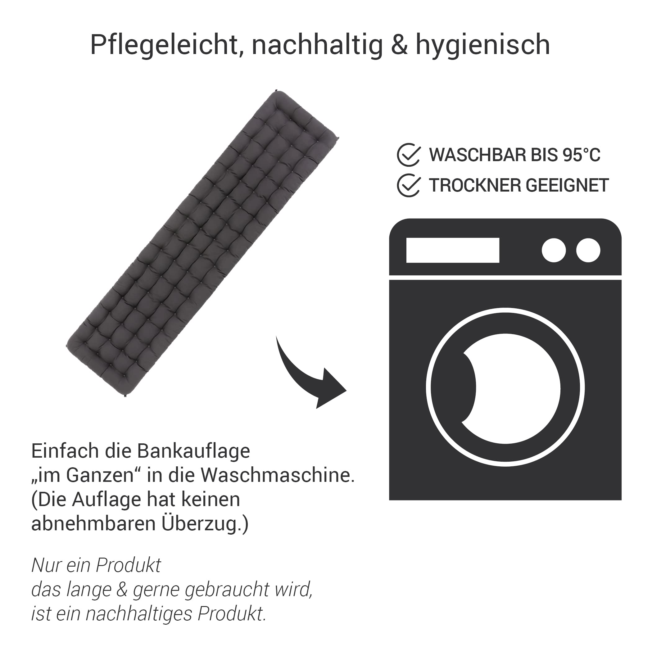 Poduszka na ławkę, wygodna poduszka do siedzenia – ortopedyczna nakładka na siedzisko, nadaje się do prania w temperaturze do 95°C, wyprodukowano w Niemczech (szary/antracyt, 160 x 40 cm)