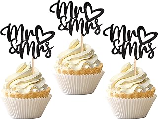 36 PCS Mr & Mrs Cupcake Toppers with Love Heart Bridal Shower Cupcake Picks for Wedding Engagement Theme Party Cake Decorations Supplies Black