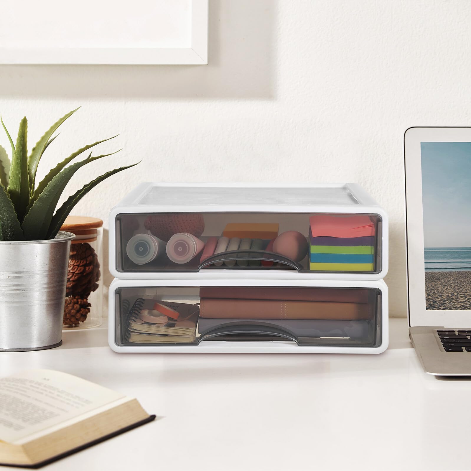 2 pezzi Organizer da Scrivania Plastica Resistente Scatole Portaoggetti Multifunzione per Cancelleria Trucco e Materiali Artigianali Design Minimalista Bianco