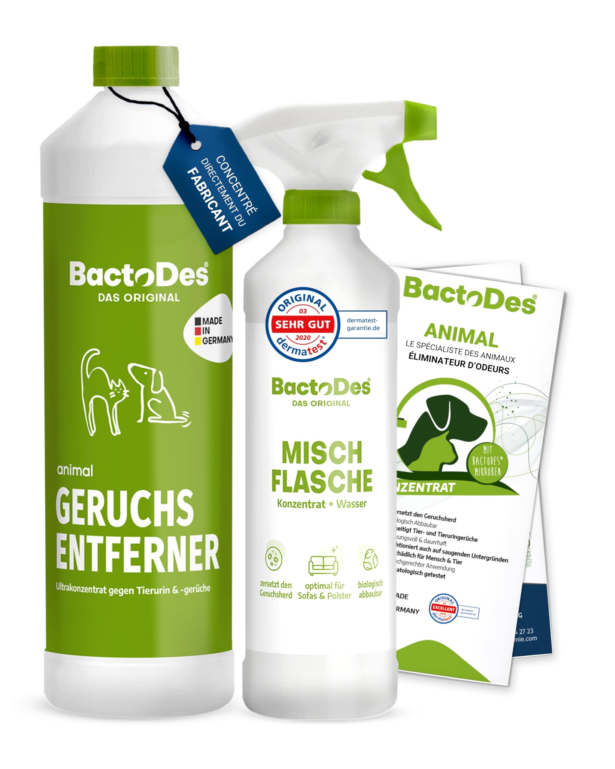 BactoDes - Désodorisant concentré animaux 1L avec vaporisateur mélangeur - Spray chat anti pipi puissant avec effet microbien bio - Anti odeur litiere chat - Anti odeur chien - Elimine les odeurs