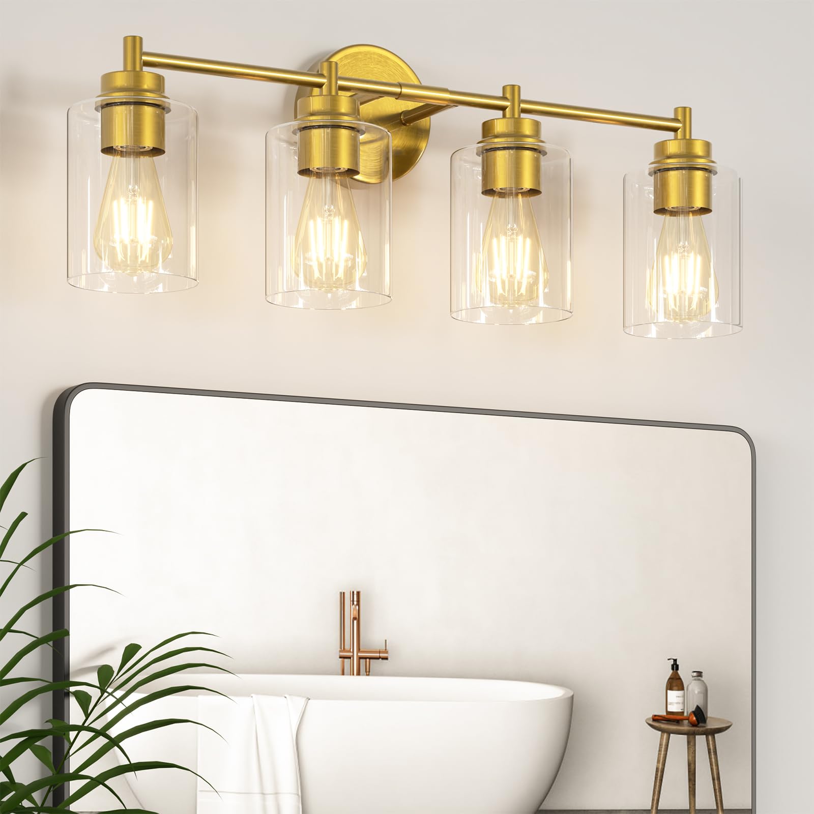 Photo 1 of ChangM Bathroom Vanity Light Fixtures 4-Light, Brushed Gold Bathroom Light Fixture Over Mirror with Clear Glass Shade, Bathroom Wall Sconce Lamp for Living Room Porch Hallway(Not Incloud Bulb)
