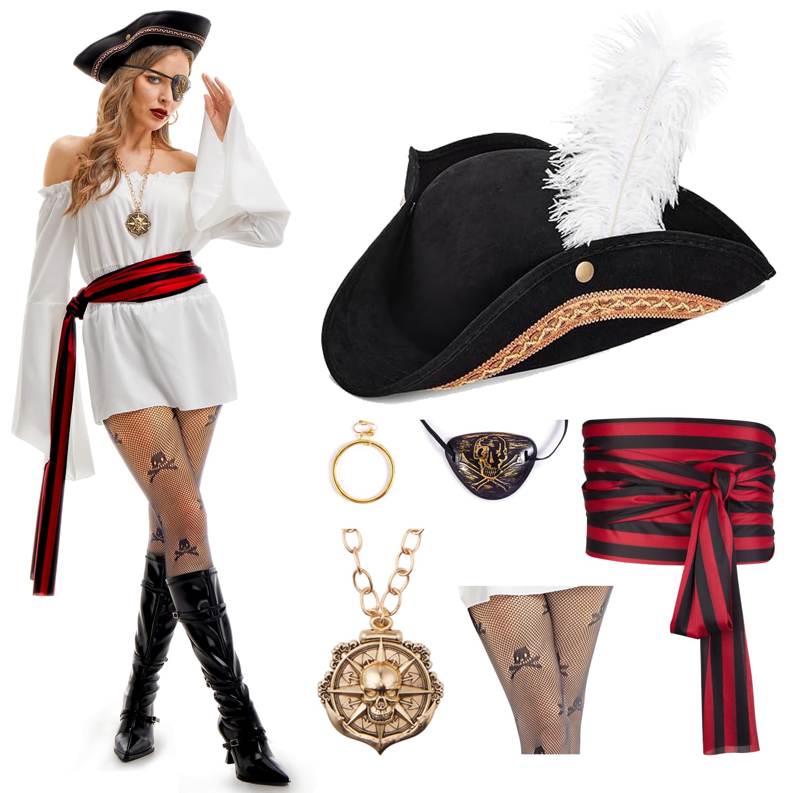 Phestival Halloween Costumes Adult Women -[6 in 1] Tricorn Pirate Hat Set for Ladies with Pirate Accessories [Pirate Hat][Eyepatch] - Perfect for Halloween Parties and Masquerades