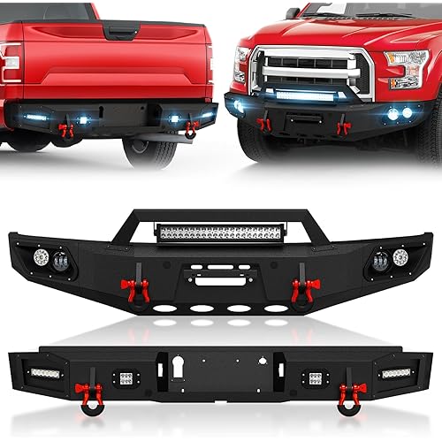 Front and Rear Bumper Compatible with 2015 2016 2017 Ford F150 (Excluding Raptor and Ecoboost) with Winch Plate, LED Lights, Sensor Holes, License Plate Bracket, Paintable Armor & D-rings, Black