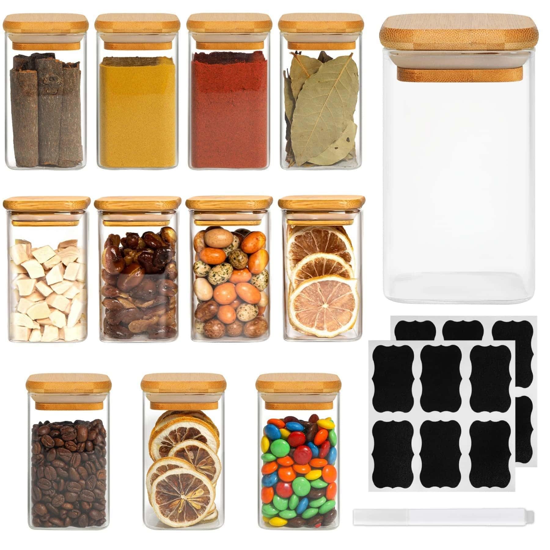 Glass Spice Jars with Bamboo Lid and Label 12 Pack Square Glass Container 8oz/250ml Kitchen Airtight Glass Spice Jars with Lids, Glass Container for Salt Sugar Seeds Nuts Tea Coffee Bean Herb etc