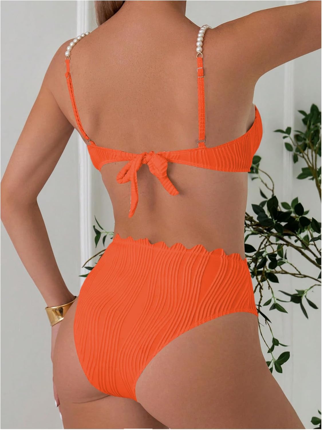 MakeMeChic Women's 2 Piece Bikini Set Textured Pearl Beaded Strap Scallop Trim High Waist Swimsuit - Image 3