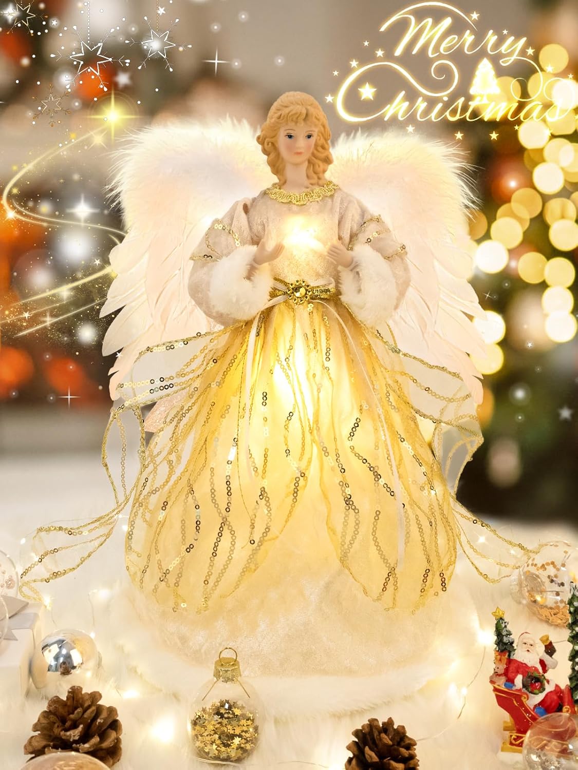 HOHOTIME 14'' Angel Tree Topper with White Feather Wings and Silver Skirt, Christmas Tree Topper with LED Light for Xmas Tree Top Decor Holiday New Year Home Ornament Decorations