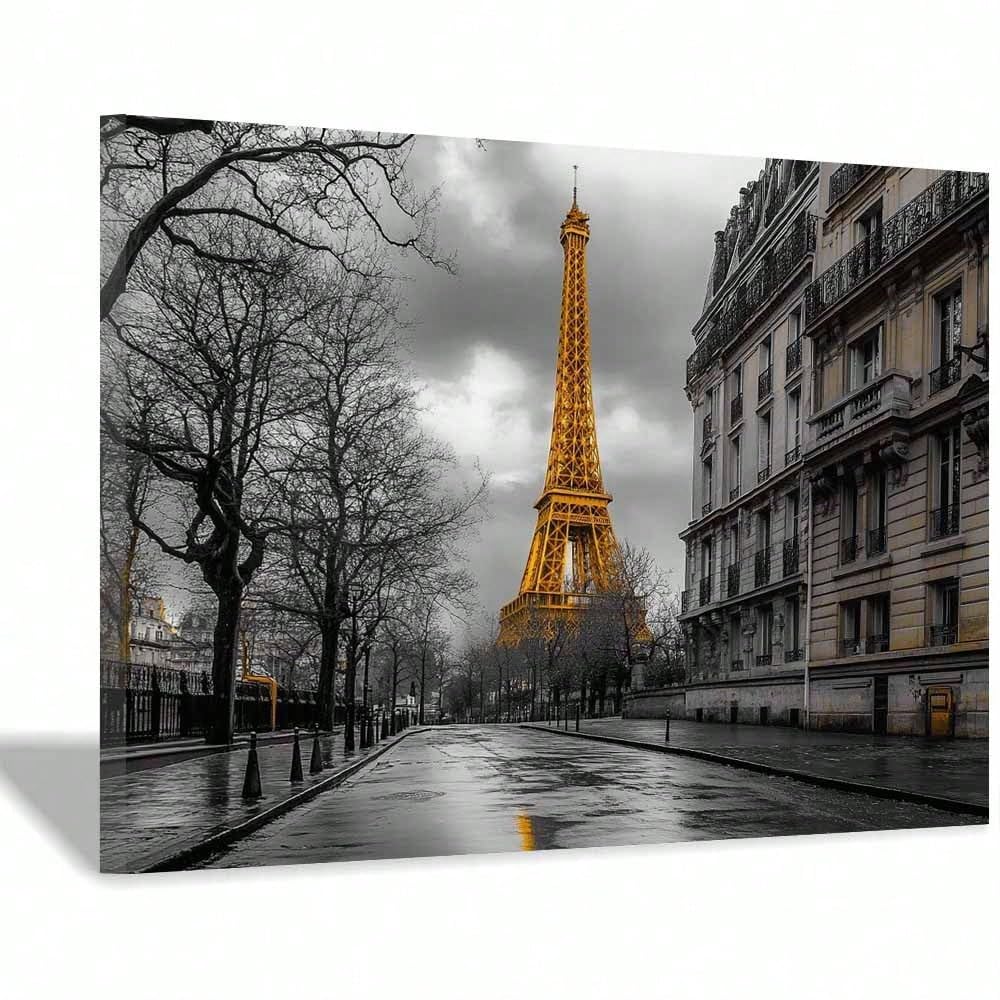 Cuadro decorativo de la Torre Eiffel amarilla, póster de una calle parisina lluviosa, láminas de paisajes urbanos, imágenes modernas para la decoración del hogar (70x100cm/marco interior)