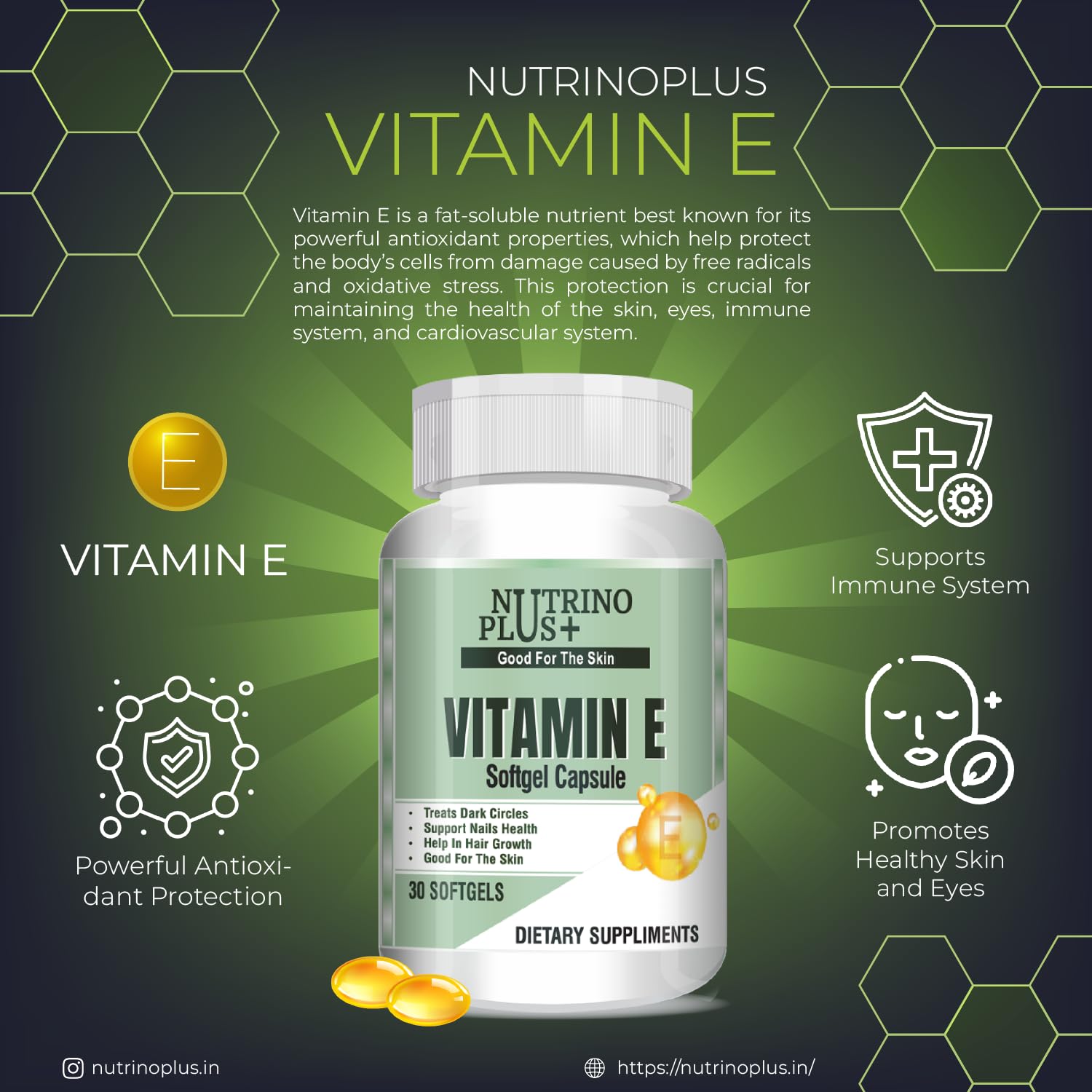 Nutrino Plus Vitamin E Softgel Capsule Helps in Treats Dark Circles, Support Nails Health, Helps in Hair Growth, Good for the Skin | Formulated in USA 2