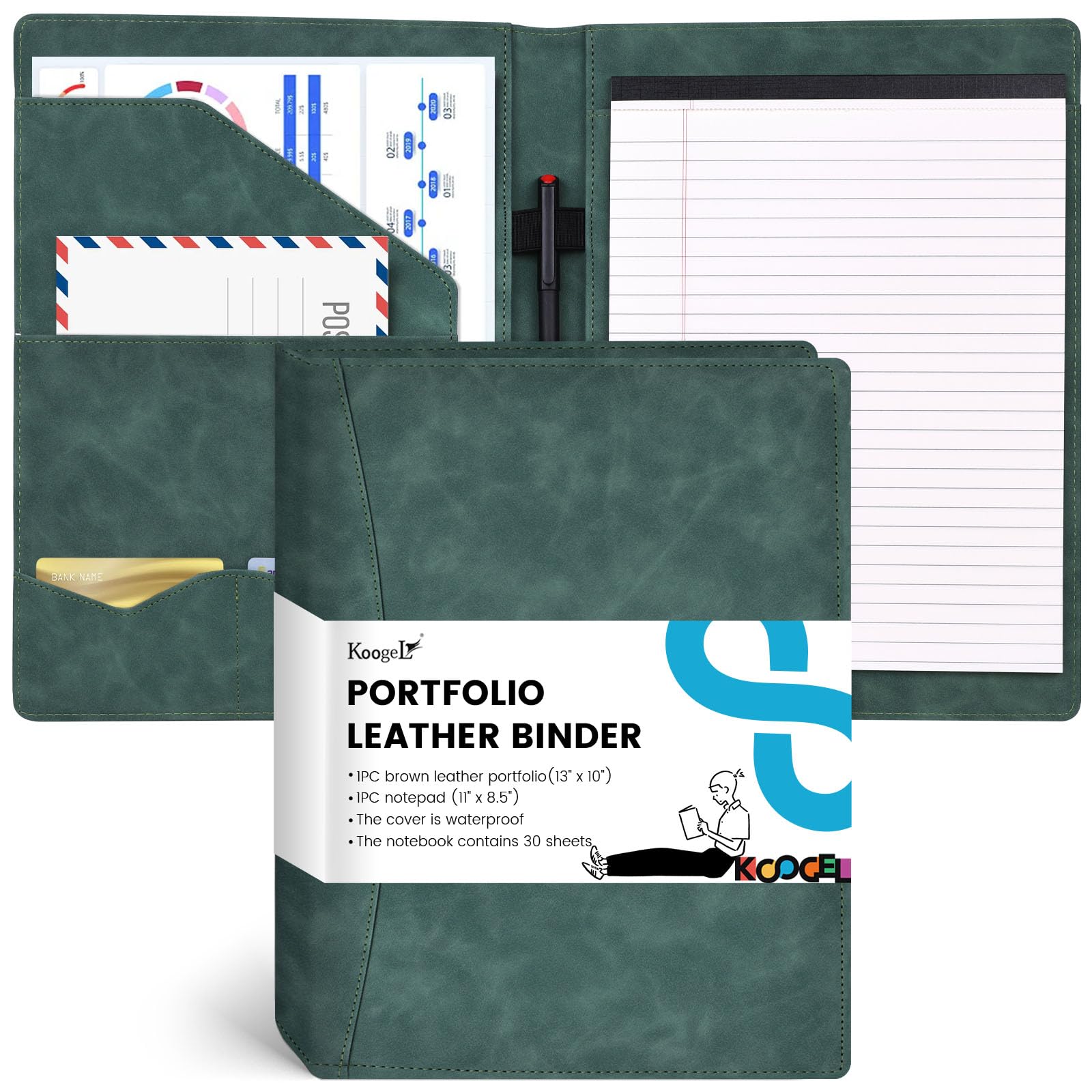 Koogel Padfolio Portfolio Folder, Leather Clipboard Portfolio Binder 13x10 inch Legal Writing Pad for Document Organizer Business Notepad Clip Boards