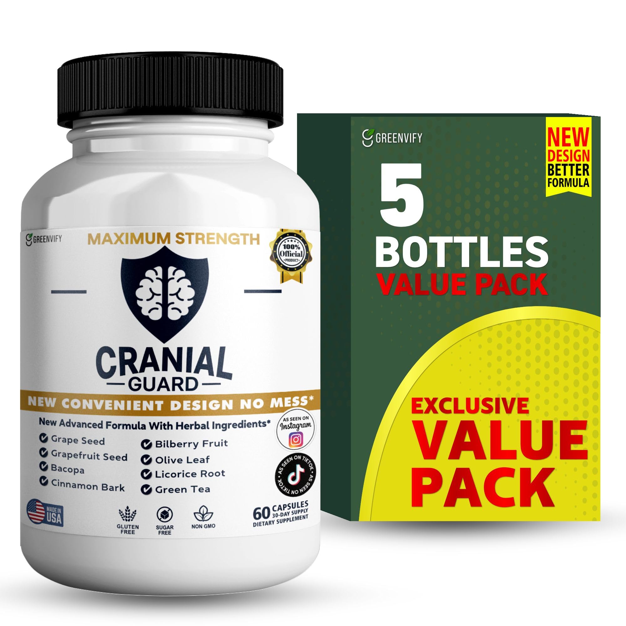 Cranial Guard Maximum Strength Brain Support Supplement, 60 Capsules, 30 Day Supply with Vitamins &amp; Herbal Ingredients (5)