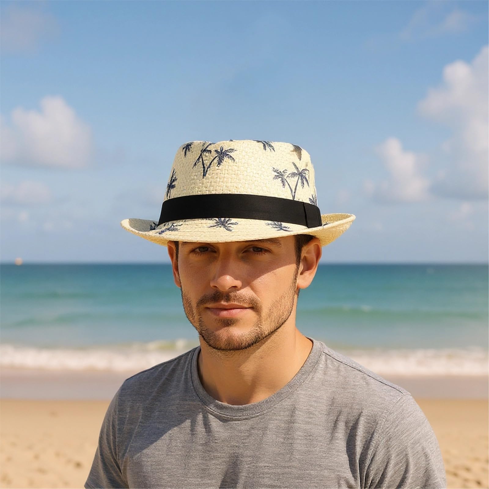 Słomkowy letni kapelusz dla mężczyzn i kobiet, czapka plażowa w stylu panamskim z ochroną przeciwsłoneczną, miękka, tkana modna fedora, pakowalna czapka przeciwsłoneczna na podróż i wakacje, nadruk