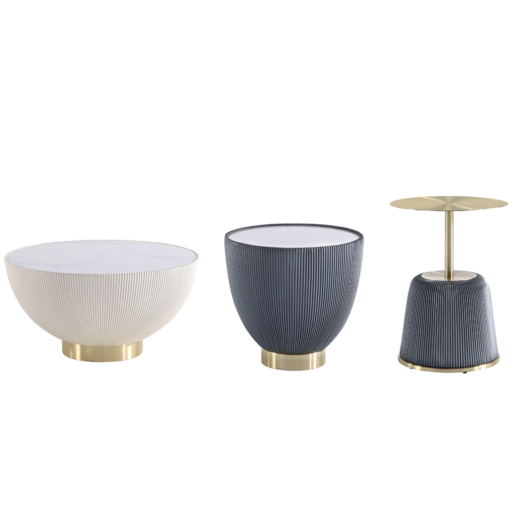 View 1 of *incomplete* Manhattan Comfort Modern Anderson Coffee Table, 1.0 & 2.0 End Table, Upholstered in Cream Leatherette with Ceramic Faux Tabletop and Gold Metal Tabletop- Set of 3