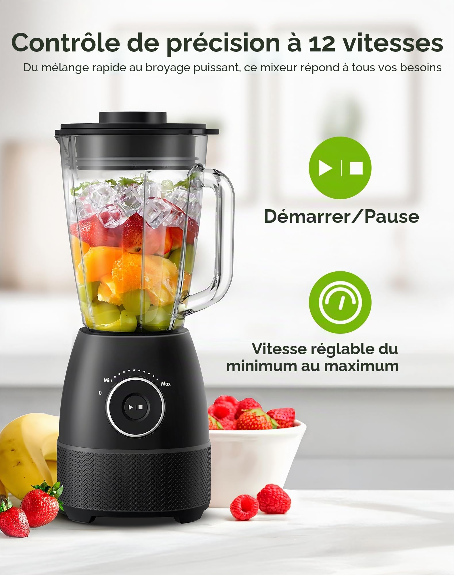 Blender Mixeur, 1500W Blender Smoothie 24000 tours/min, 12 Vitesse ajustable, 6 Lames en acier Inox avec Bol en verre 1,5L /bouteille de sport de 600 ml sans BPA Utilisation & Nettoyage facile