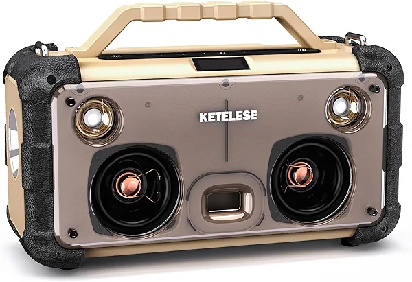 Unique CD Player with 4 Glass Diaphragms Speakers, Portable Bluetooth Speaker Powerful Sound, FM Radio/ AUX Audio/24H Playtime/ 2 Huge LED Lights/ TF Card Slot, for Outdoor/Backyard/Party/Gift/Camping