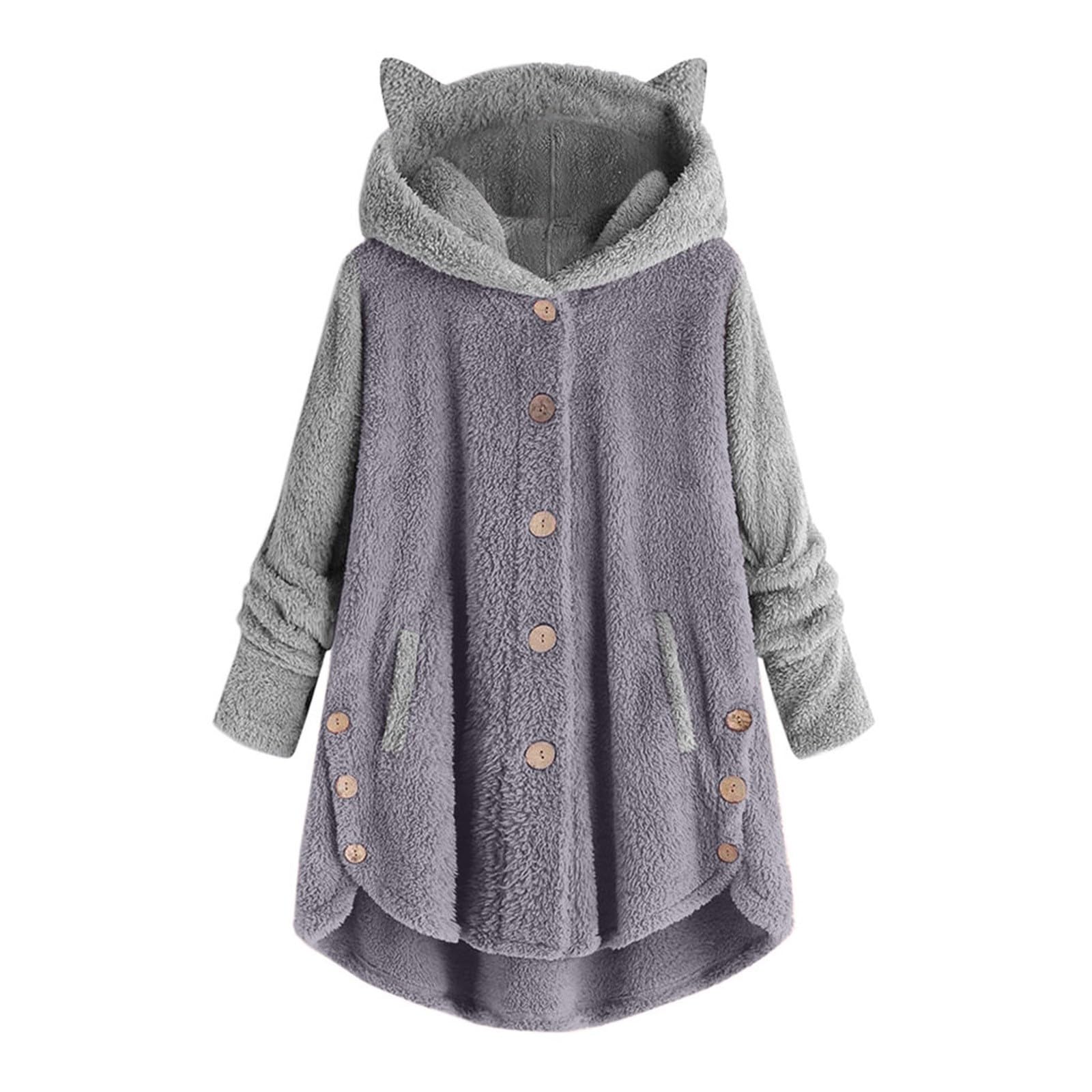 YxrdzkjWomen Plus Size Button Plush Tops Hooded Loose Cardigan Wool Asymmetric Hem Winter Jacket Warm Long Simple Comfy Coats