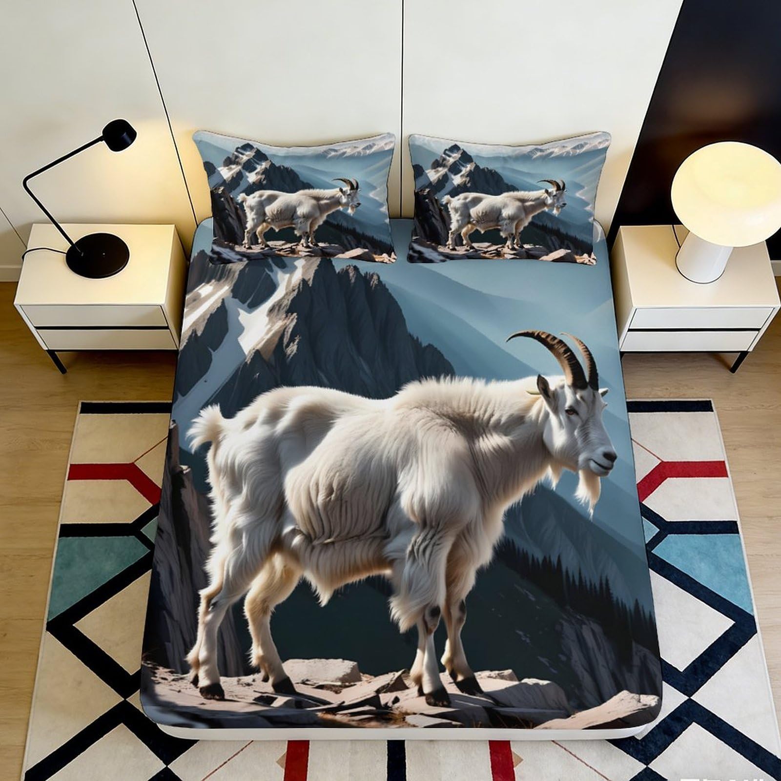 3D Printed Mountain Goat Fitted Sheet Microfiber Soft Breathable Alpine Landscape Bed Cover for Bedroom Dorm Mattress Protection Decor 90x200x25cm