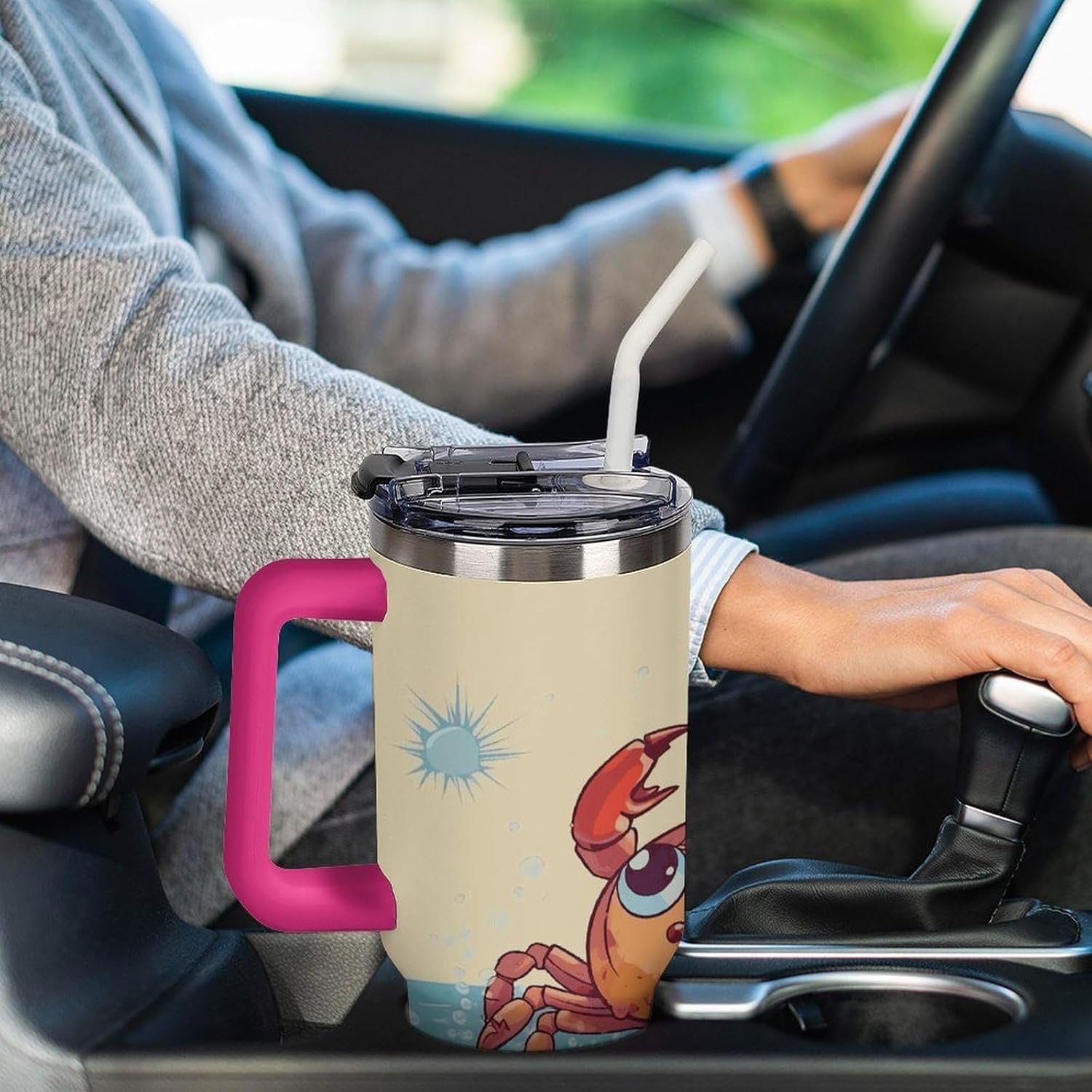 40 Oz Insulated Mug with Handle, Stainless Steel Summer Cartoon Crab Printed Travel Mug Portable Leak-proof Large Car Mug for Home, Office Or Car