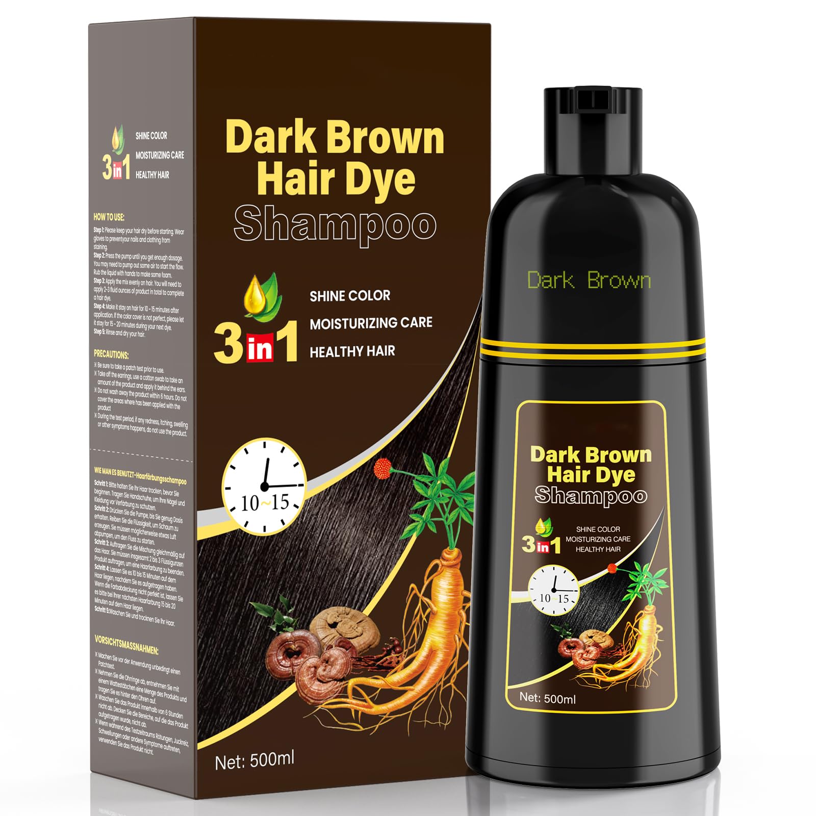 Shampoo colorante per capelli castano scuro, shampoo tinto per capelli | Shampoo colorante per capelli per uomini e donne (marrone scuro)
